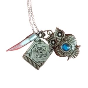 Owl Pendant Necklace with Blue Accent Book Horn